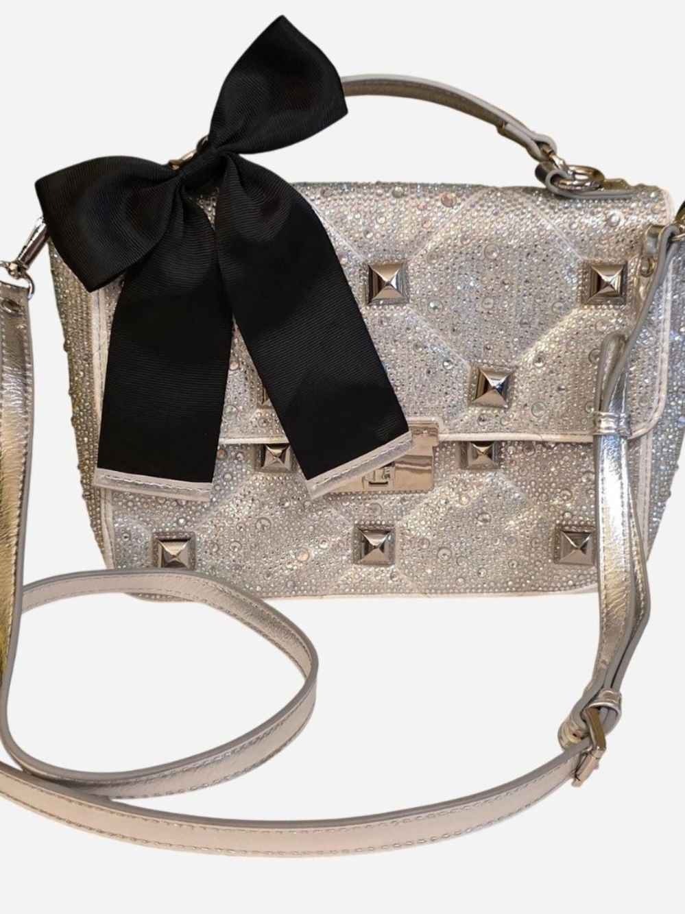 Betsey Johnson Silver Crystal Studded Purse w/Black Bow, Sparkle, Rhinestones